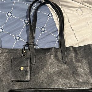 Classic Black Leather Tote Bag with ID Charm